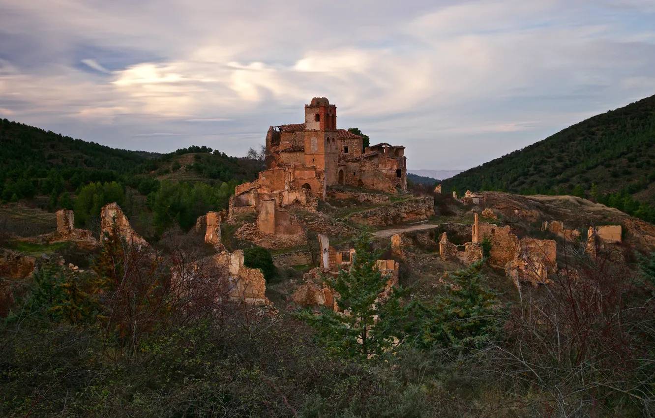 Photo wallpaper mountains, nature, castle, hill, ruins, architecture, vintage, hill