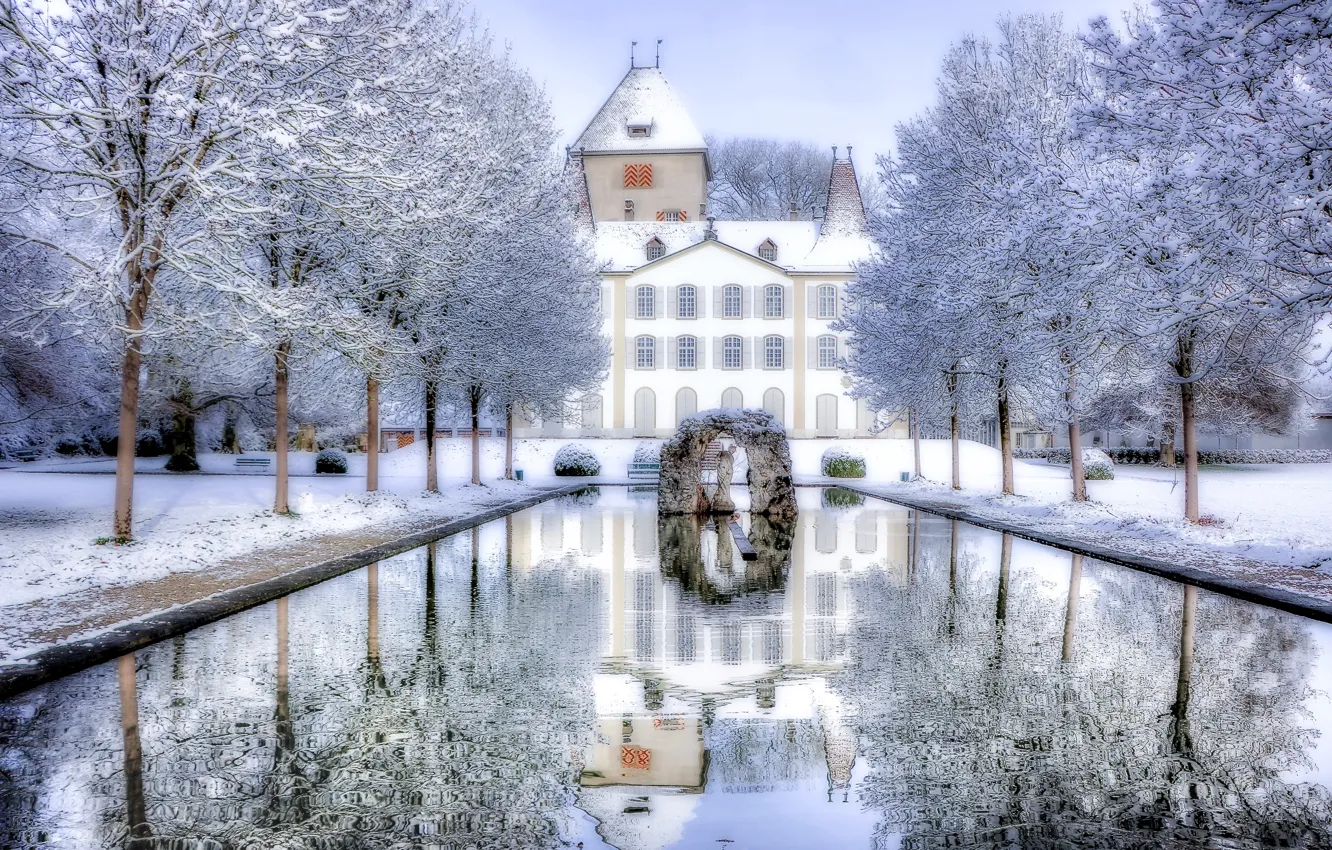 Photo wallpaper winter, snow, trees, pond, reflection, castle, Switzerland, Switzerland