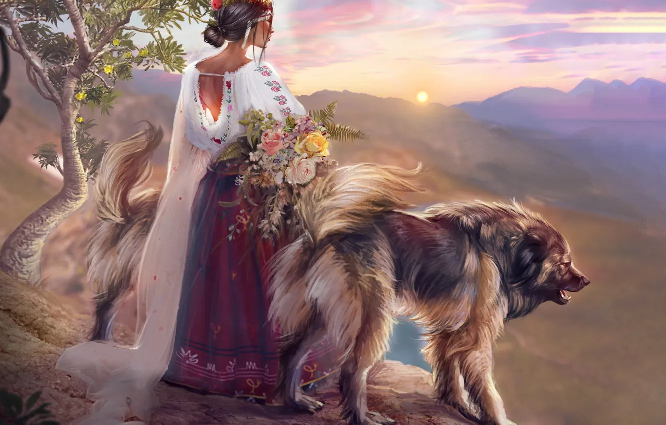 Photo wallpaper Sunset, Girl, Dog, Figure, Style, Dress, Dogs, by Kaloyan Stoyanov