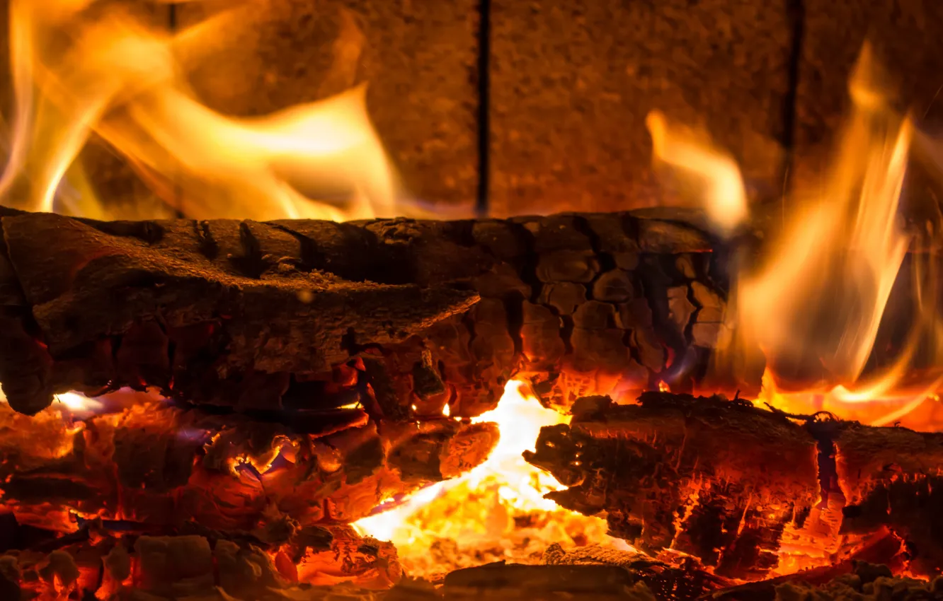 Photo wallpaper fire, flame, heat, wood, fireplace