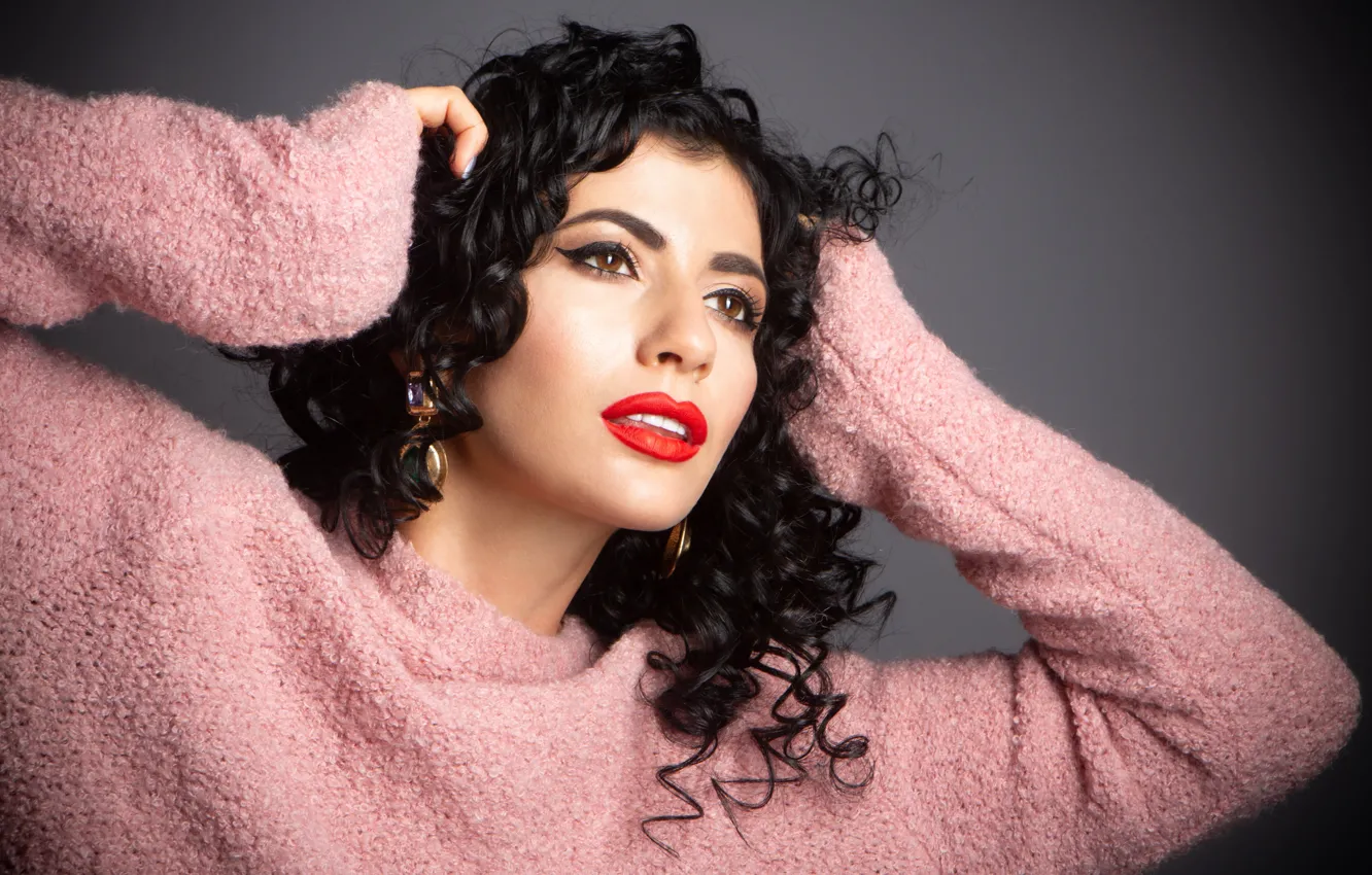 Photo wallpaper face, model, lipstick, brunette, lips, sweater
