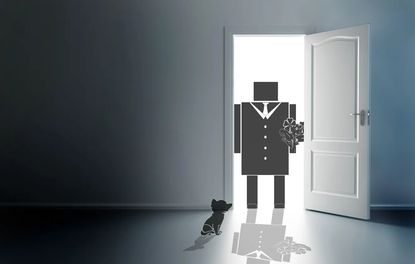 Photo wallpaper cat, flowers, mood, the door, black and white, the light in the door