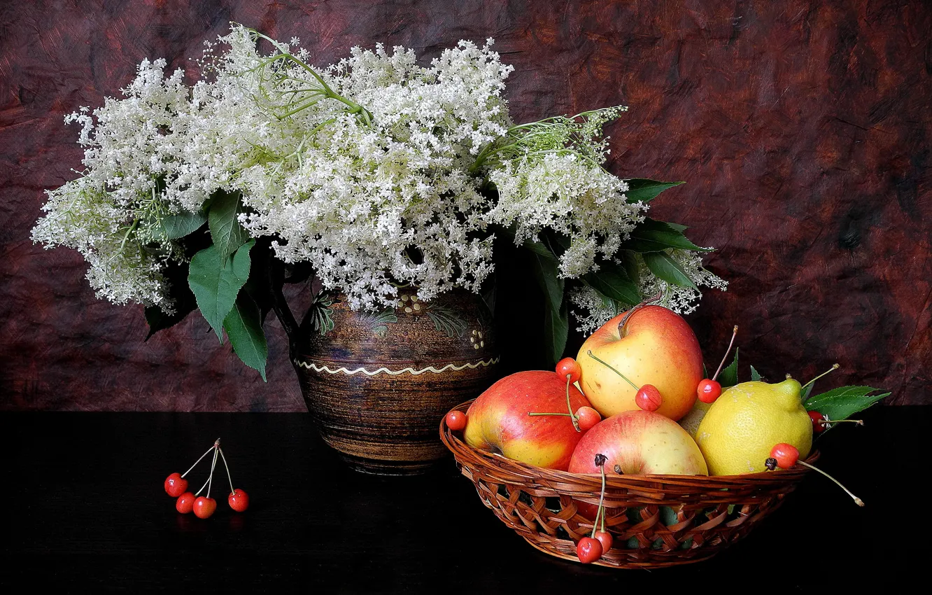 Photo wallpaper flowers, lemon, Apple, vase, fruit, still life, cherry