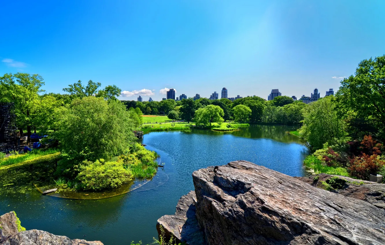 Photo wallpaper the sky, trees, the city, rock, pond, Park, home