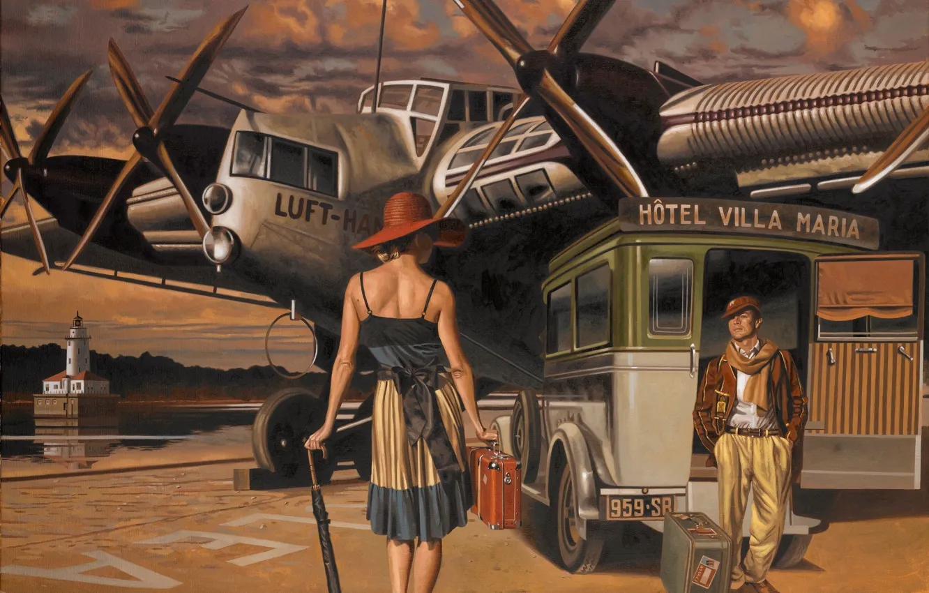 Photo wallpaper machine, the plane, umbrella, woman, figure, back, hat, male