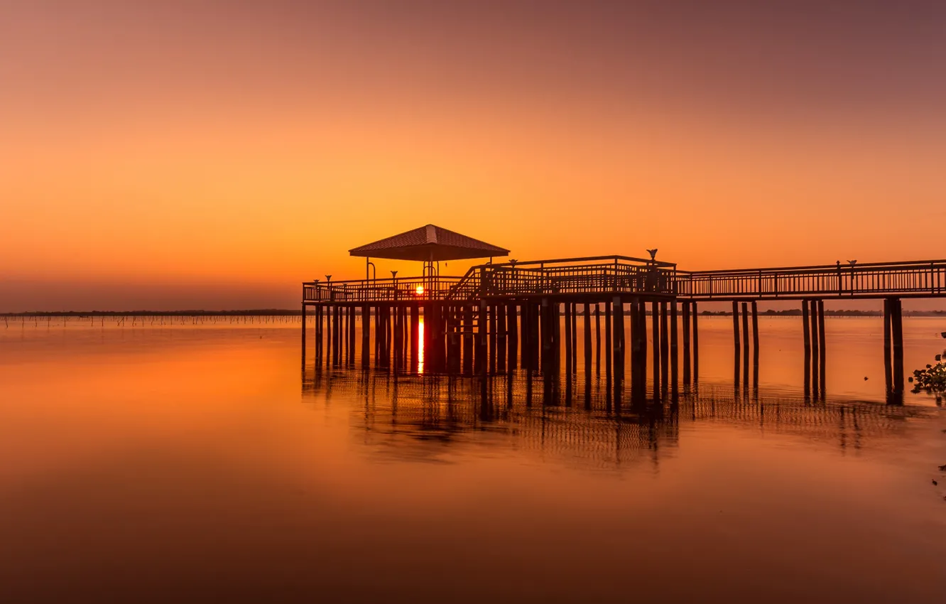 Photo wallpaper sunset, lake, pierce, glow, gazebo