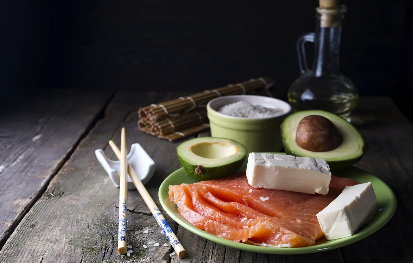 Photo wallpaper fish, cheese, figure, avocado, salmon