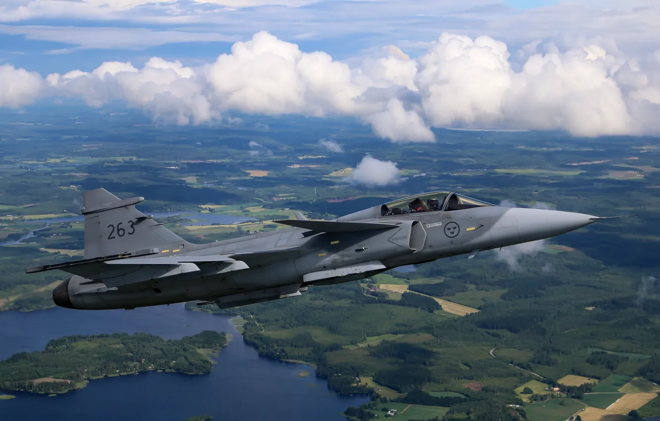 Photo wallpaper landscape, fighter, multipurpose, Gripen, CAN JAS 39
