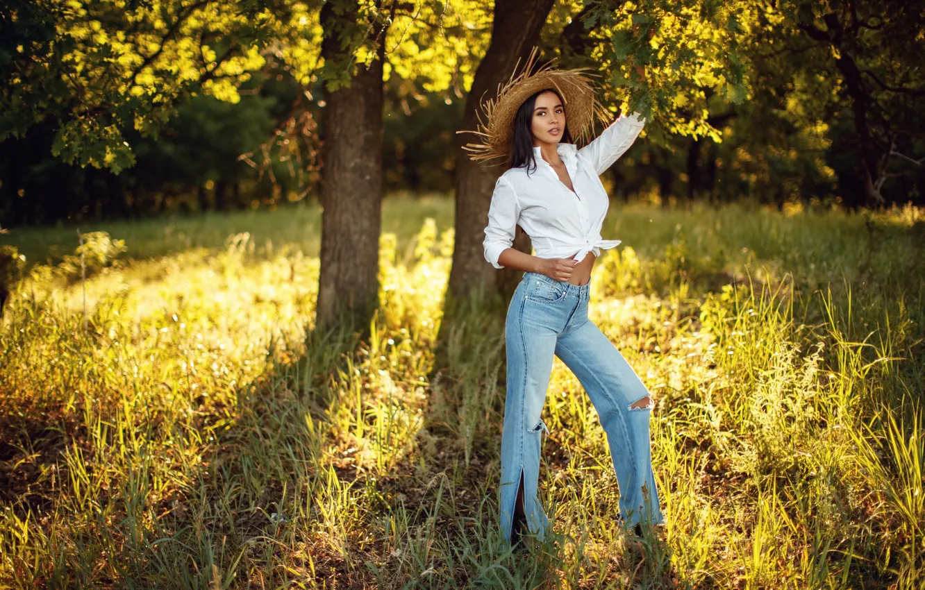 Photo wallpaper girl, trees, pose, Park, jeans, hat, figure, Sergey Sorokin