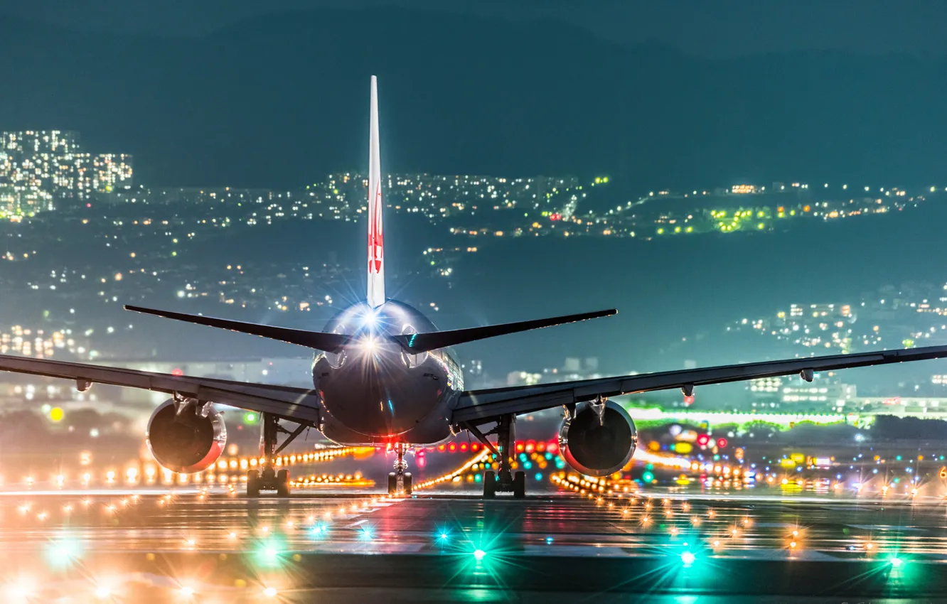 Photo wallpaper night, lights, Japan, airport, the plane, Osaka