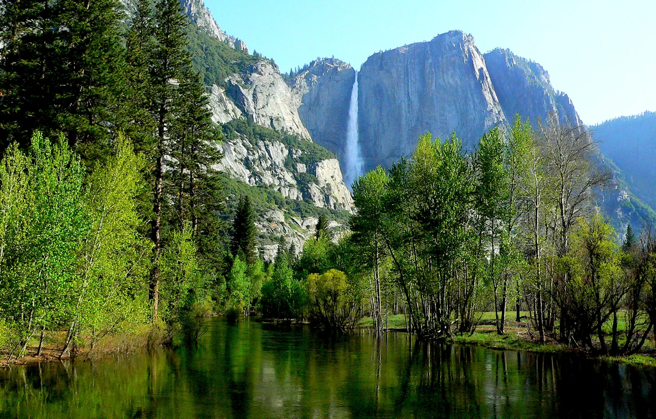 Photo wallpaper forest, the sky, trees, mountains, rock, river, Yosemite, National Park