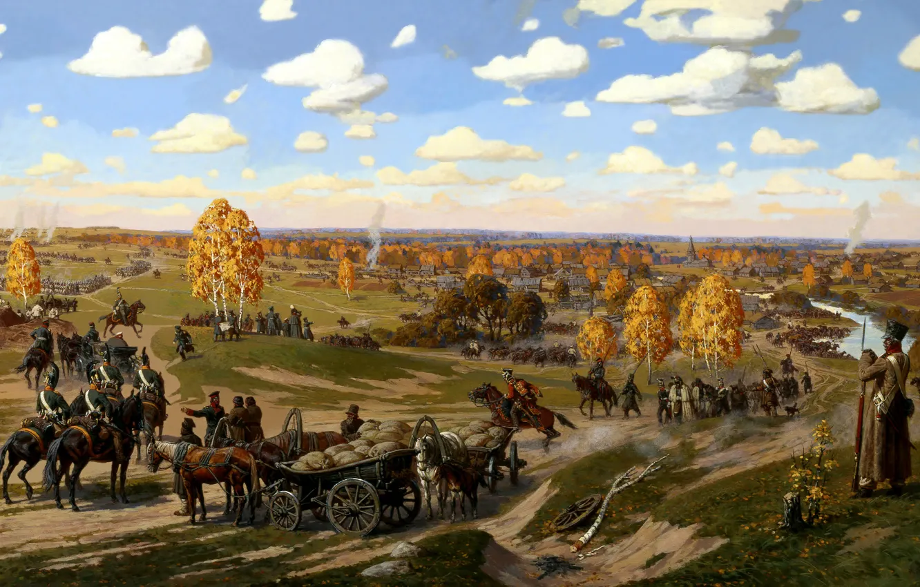 Photo wallpaper village, battle, maneuver, artist, the battle, painting, canvas, army