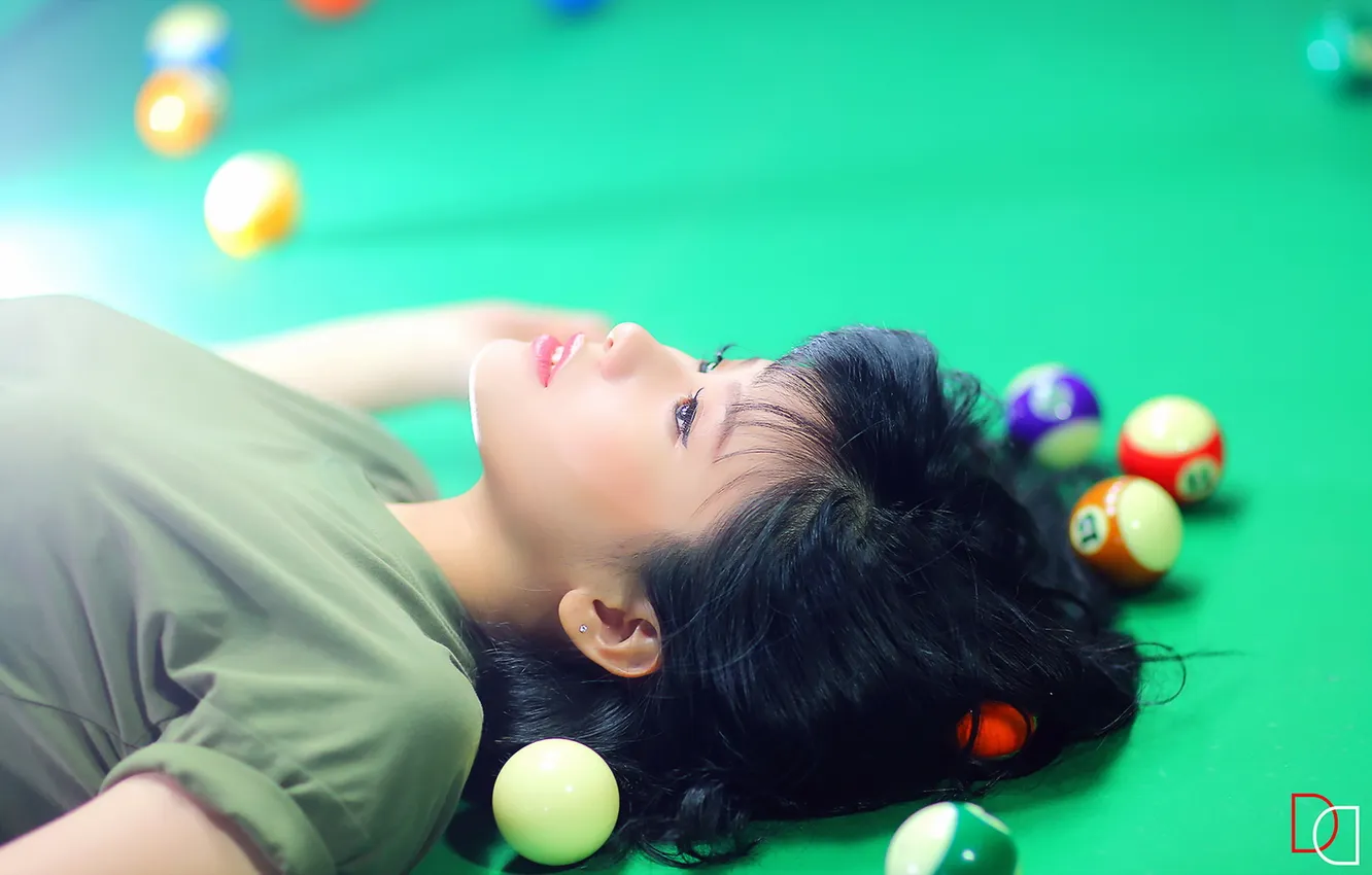 Photo wallpaper girl, balls, Billiards, Asian