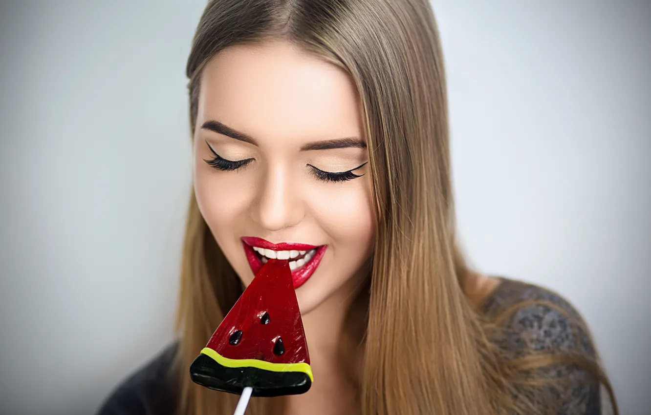 Photo wallpaper girl, face, makeup, watermelon, lollipops
