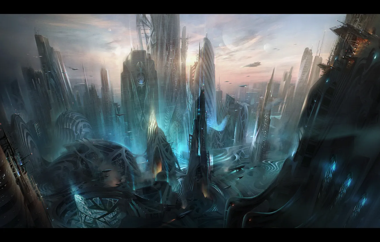 Photo wallpaper the city, fiction, home, skyscrapers, art, spaceship