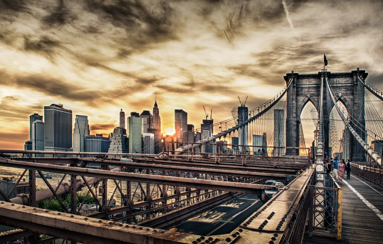 Photo wallpaper sunset, bridge, the city, HDR