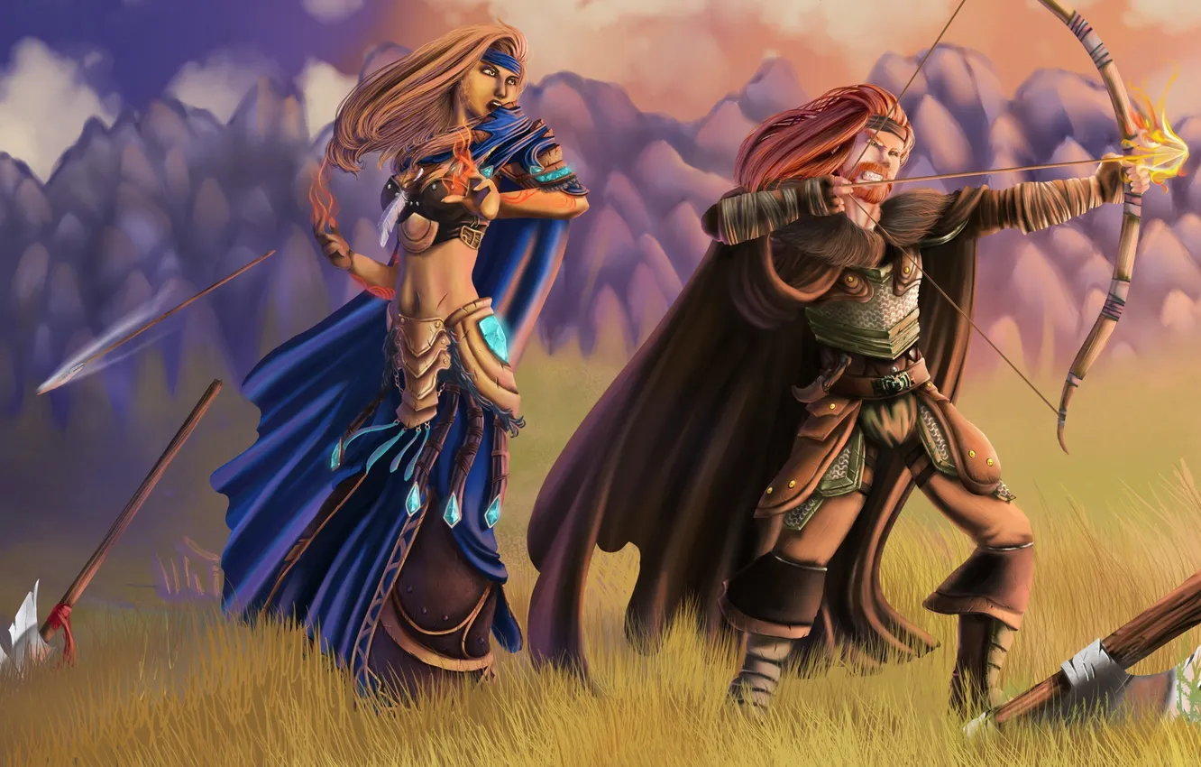 Photo wallpaper field, grass, girl, mountains, weapons, fire, bow, World of Warcraft