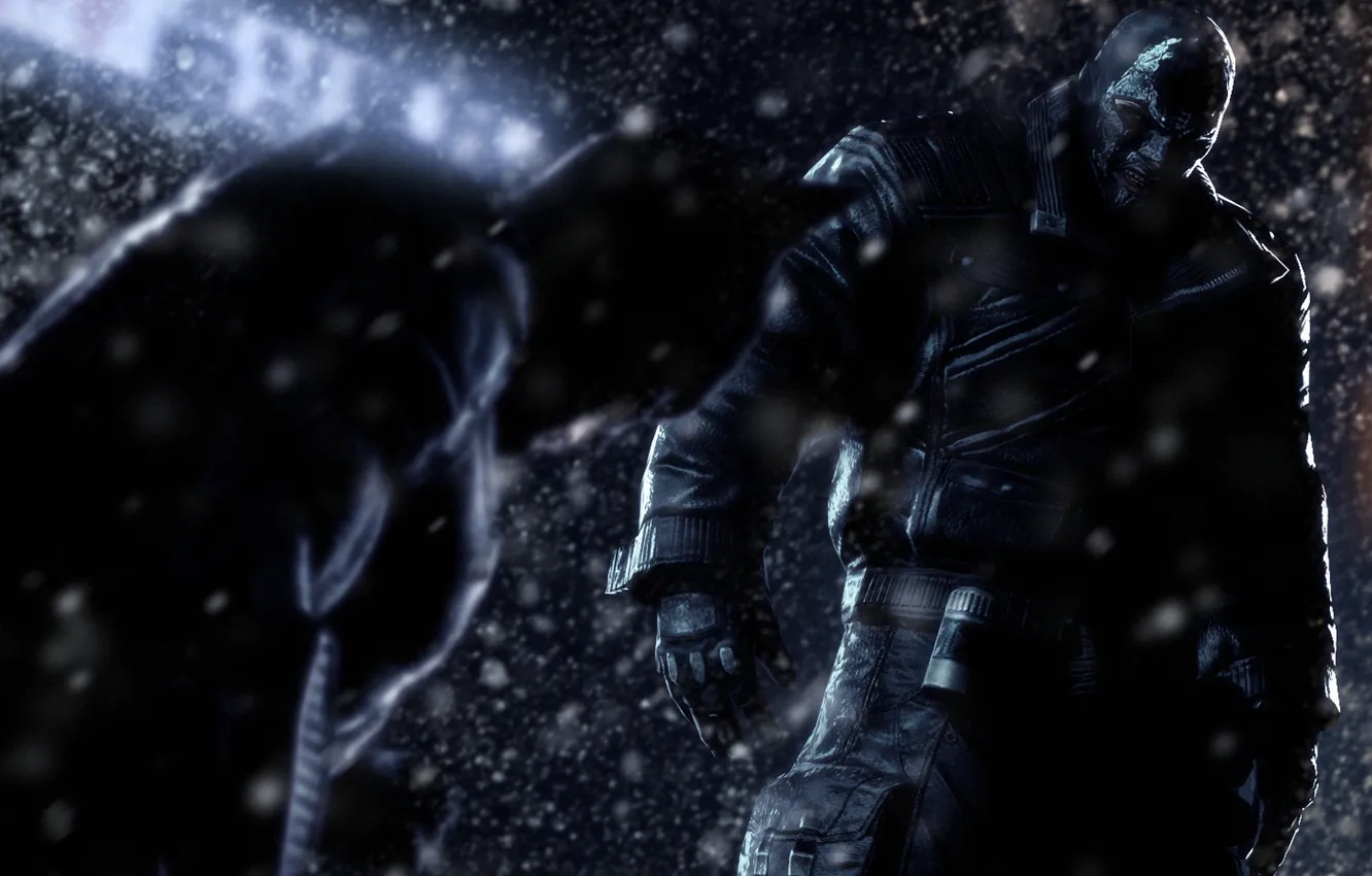 Photo wallpaper winter, snow, night, hero, villain, Batman, Bane, Batman: Arkham Origins