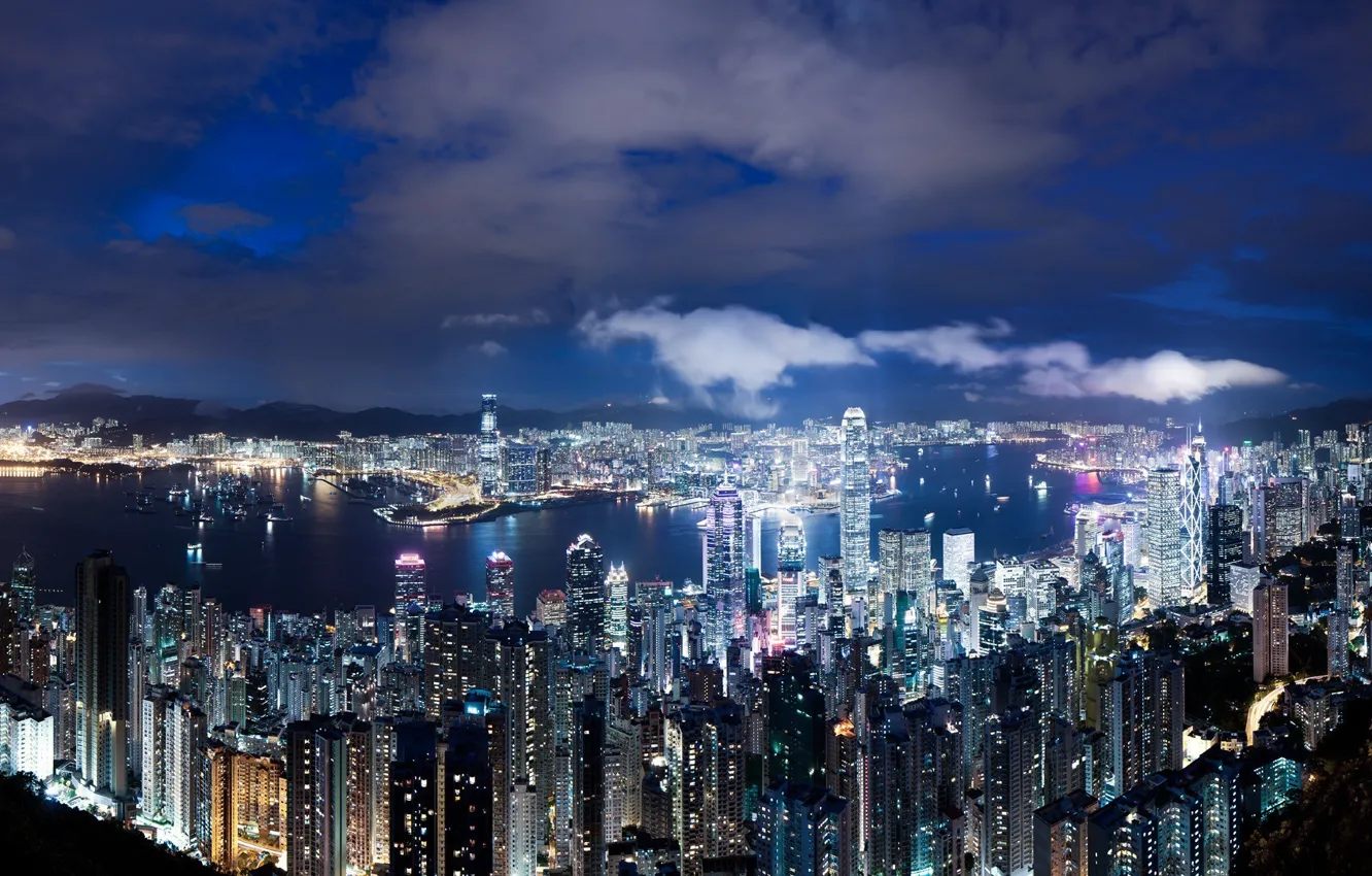 Photo wallpaper night, China, skyscrapers, Bay, hong-kong