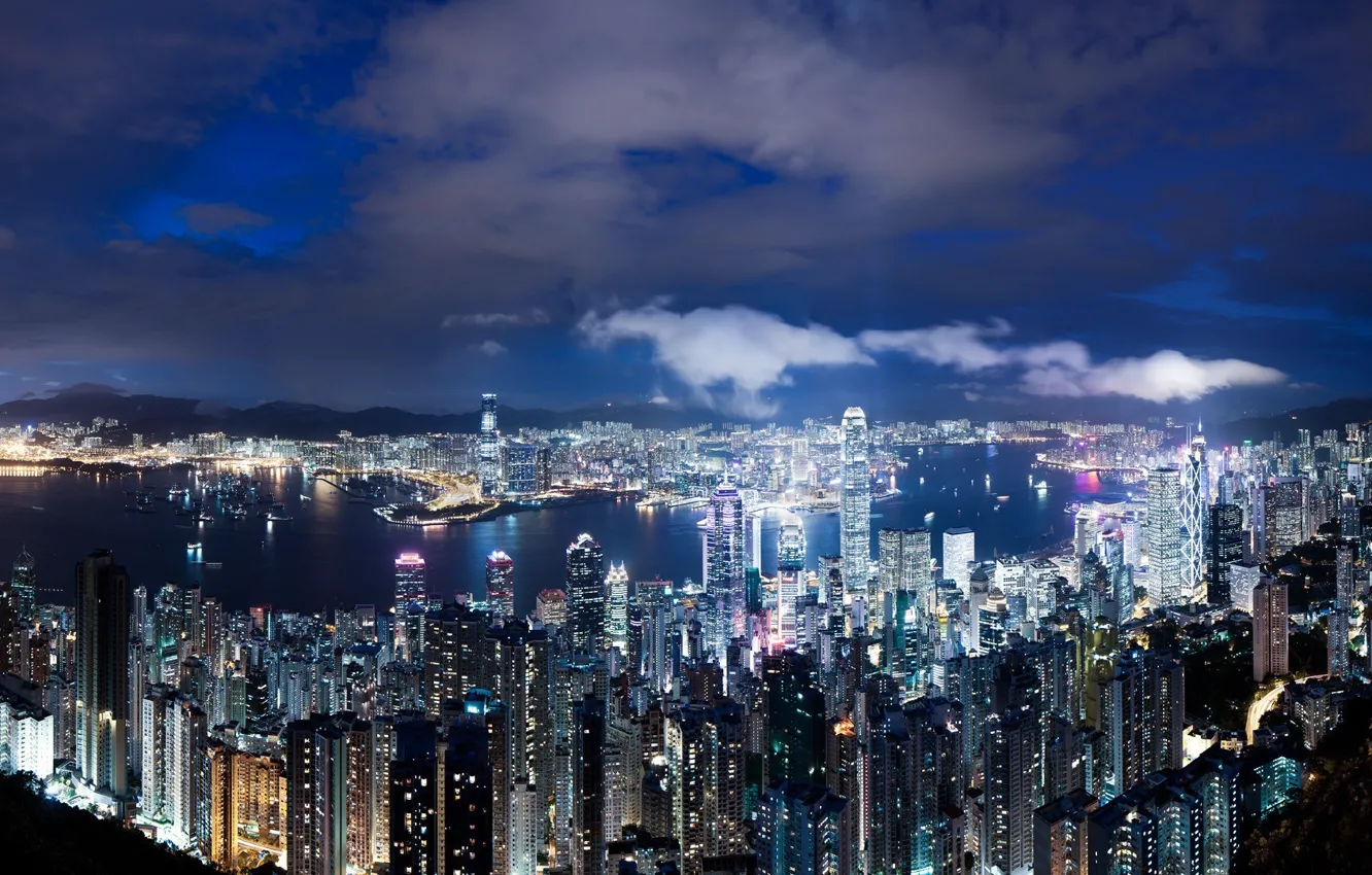 Photo wallpaper night, China, skyscrapers, Bay, Hong-Kong