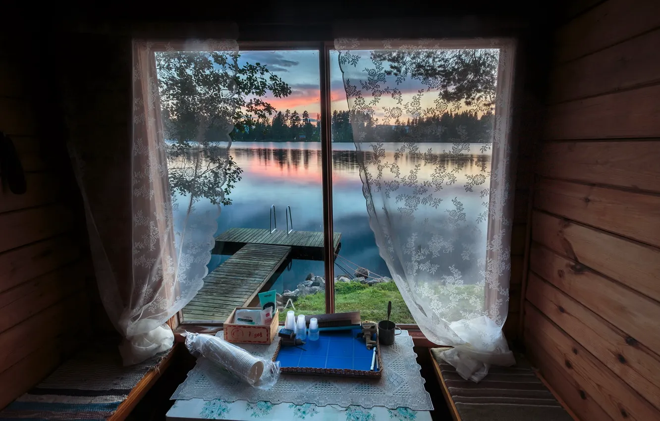 Photo wallpaper bridge, lake, house, window