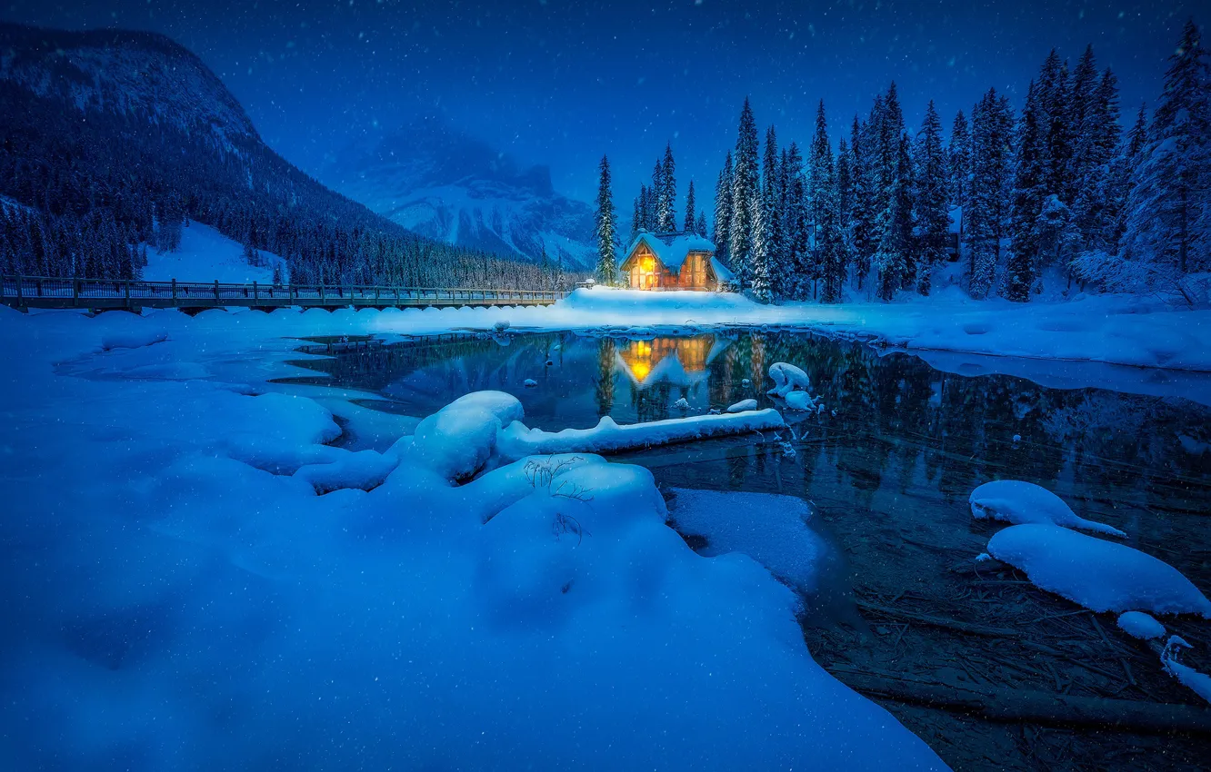 Photo wallpaper winter, forest, snow, mountains, lake, reflection, Canada, house