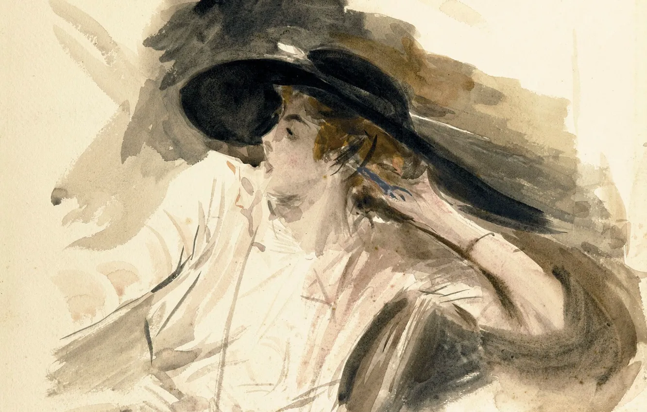 Photo wallpaper figure, portrait, watercolor, Giovanni Boldini, Giovanni Boldini, Young Woman in Big Hat