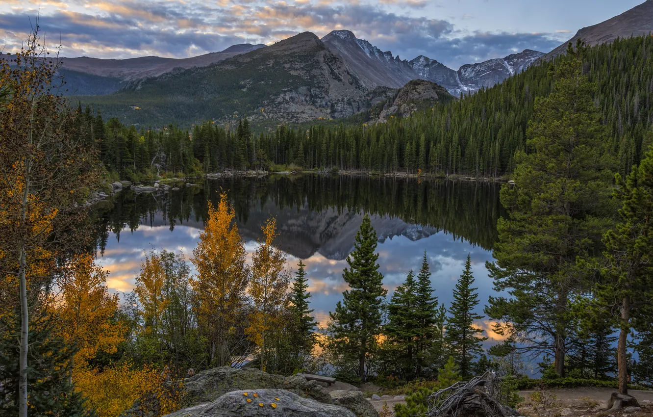 Photo wallpaper autumn, forest, mountains, lake, reflection, stones, shore, view