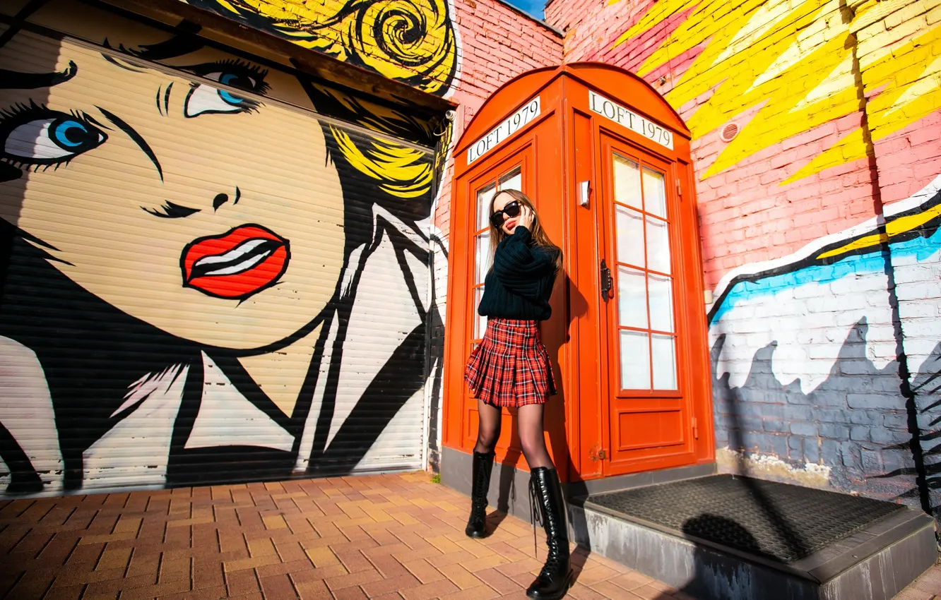 Photo wallpaper girl, pose, style, graffiti, skirt, boots, glasses, sweater
