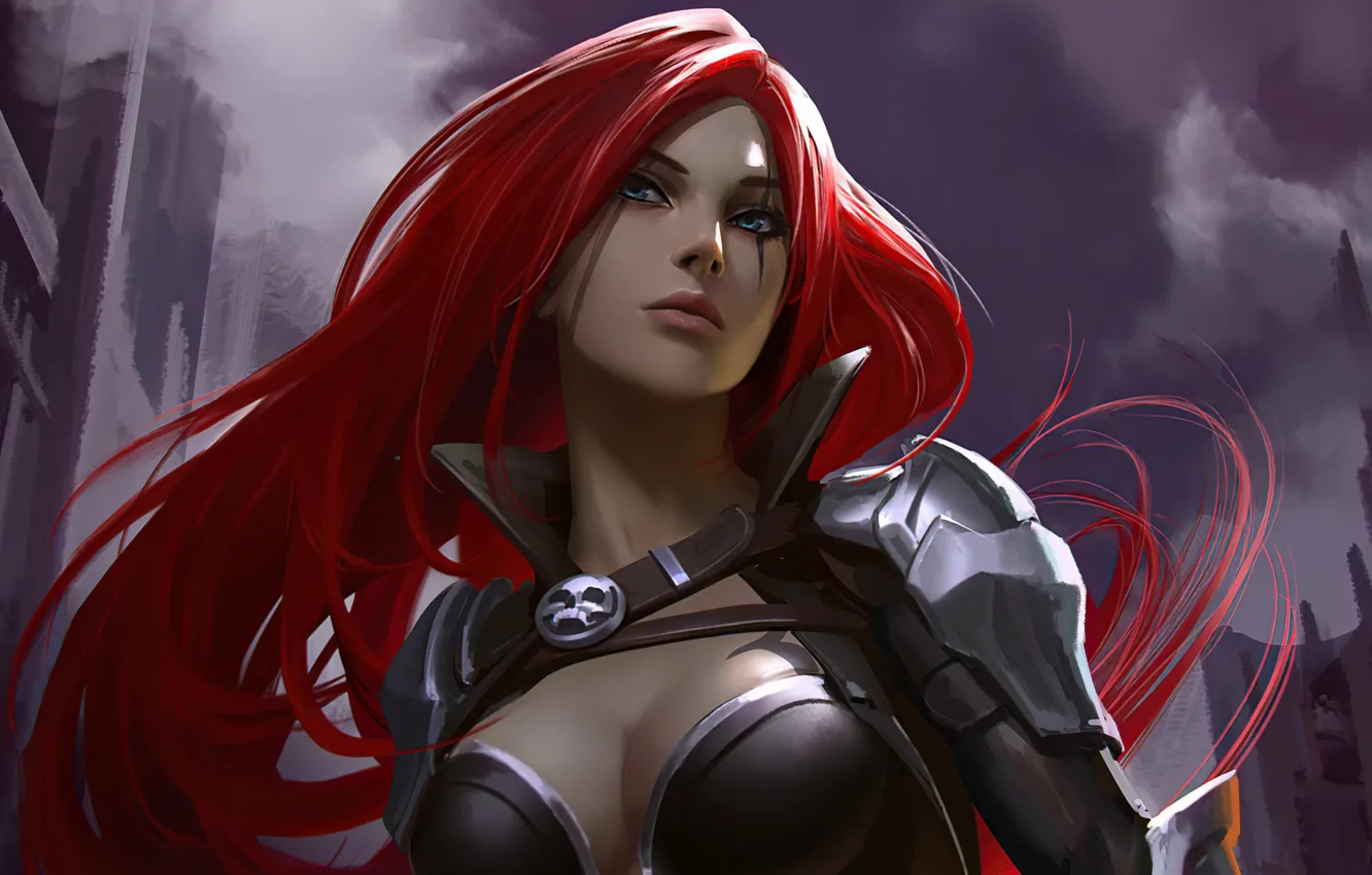 Photo wallpaper the sky, the game, game, blue eyes, beautiful girl, League of Legends, Katarina, red hair