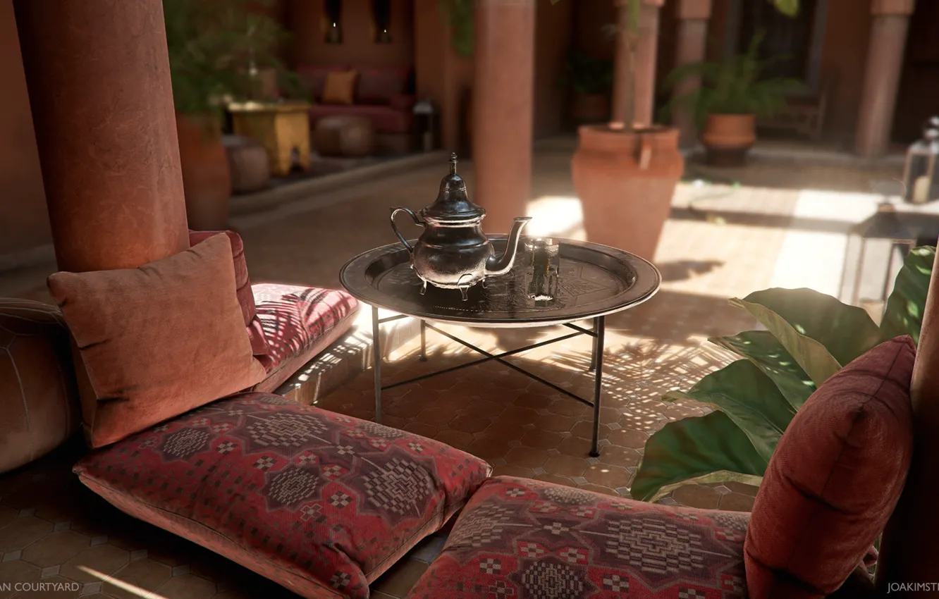 Photo wallpaper pillow, kettle, columns, table, Moroccan Courtyard