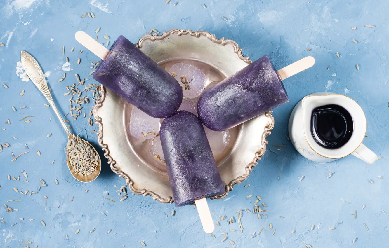 Photo wallpaper plate, spoon, ice cream, Cup, drink, seeds, dessert, blue background