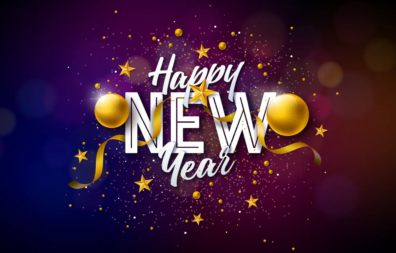 Photo wallpaper balls, the inscription, balls, new year, Christmas, serpentine, stars, bokeh