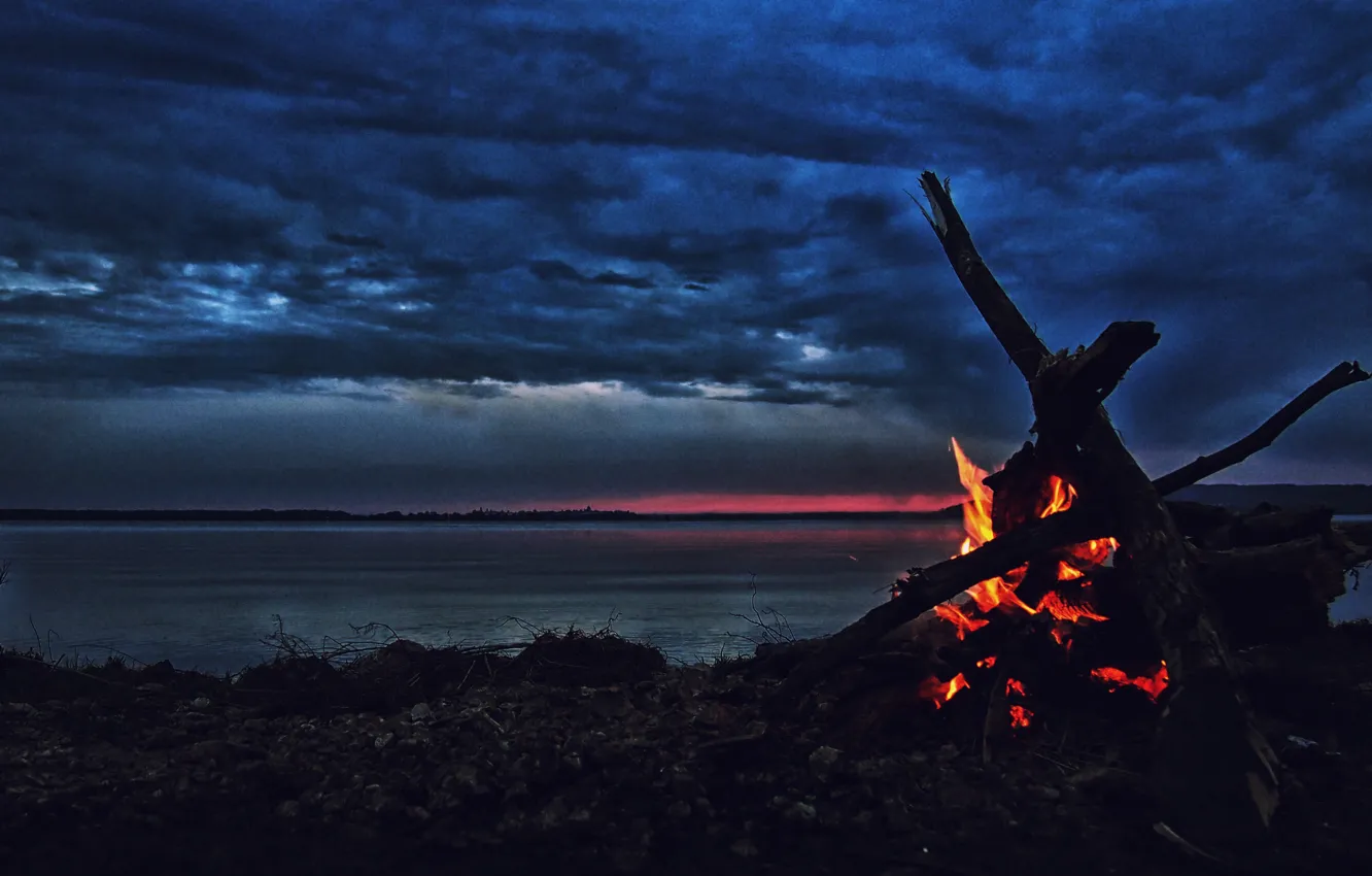 Photo wallpaper water, sunset, night, lights, lake, river, dawn, shore