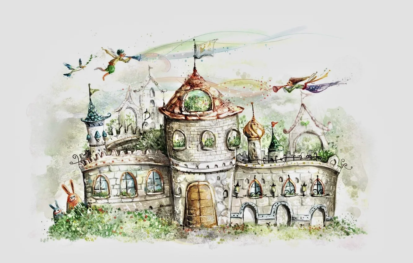 Photo wallpaper castle, figure, tale, gate, flag, elves, grey background, spires