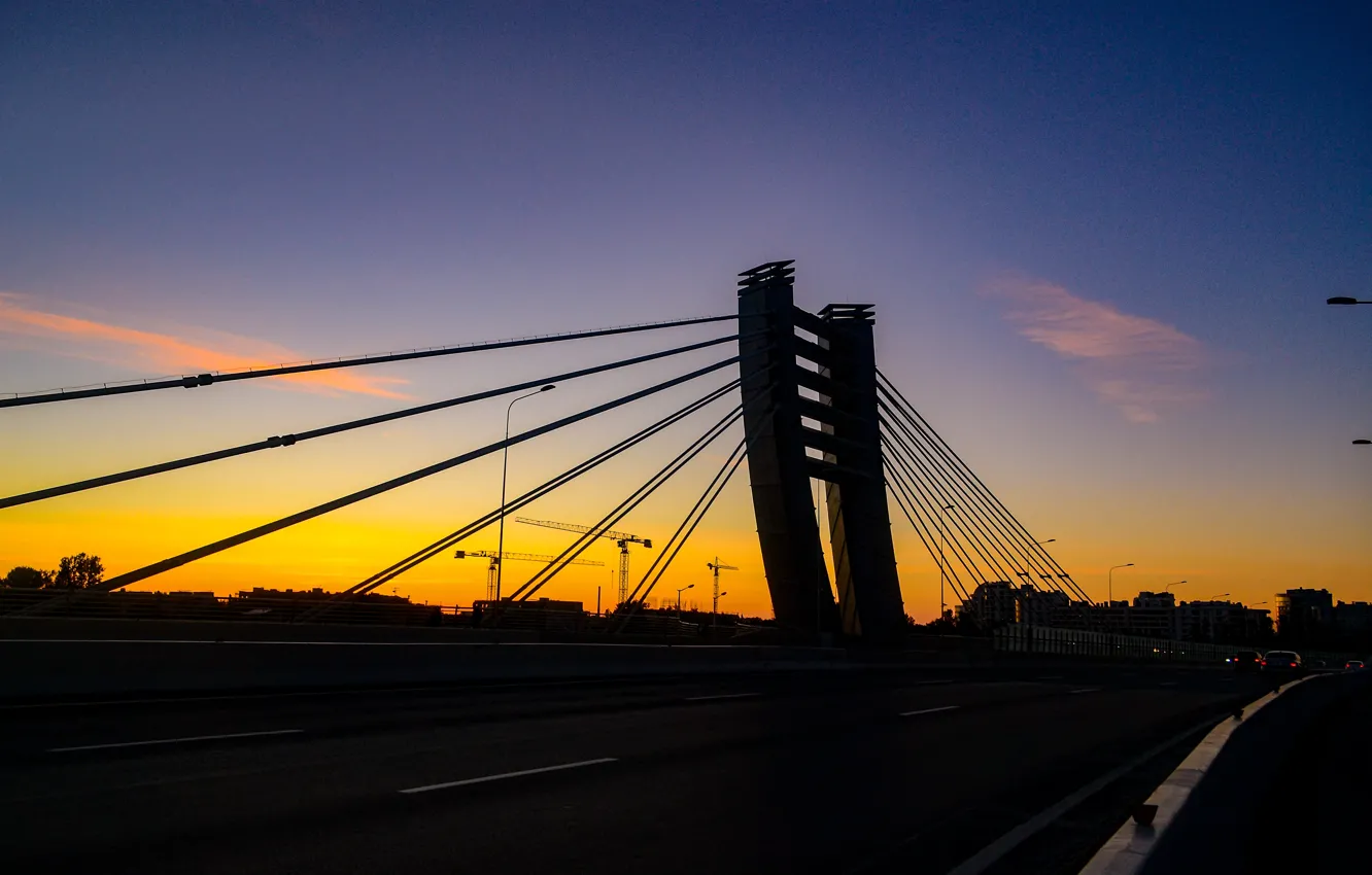 Photo wallpaper sunset, bridge, the evening, Saint Petersburg, cable-stayed bridge