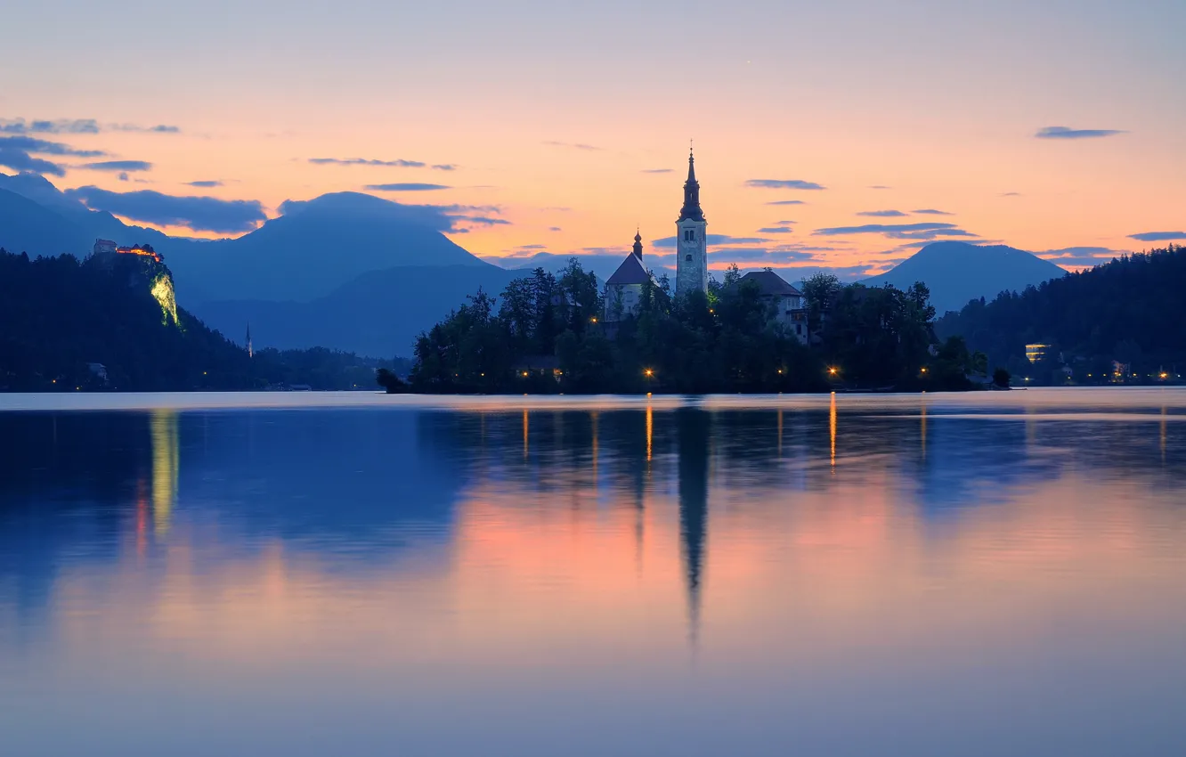Photo wallpaper lake, dawn, morning, Slovenia, Bled