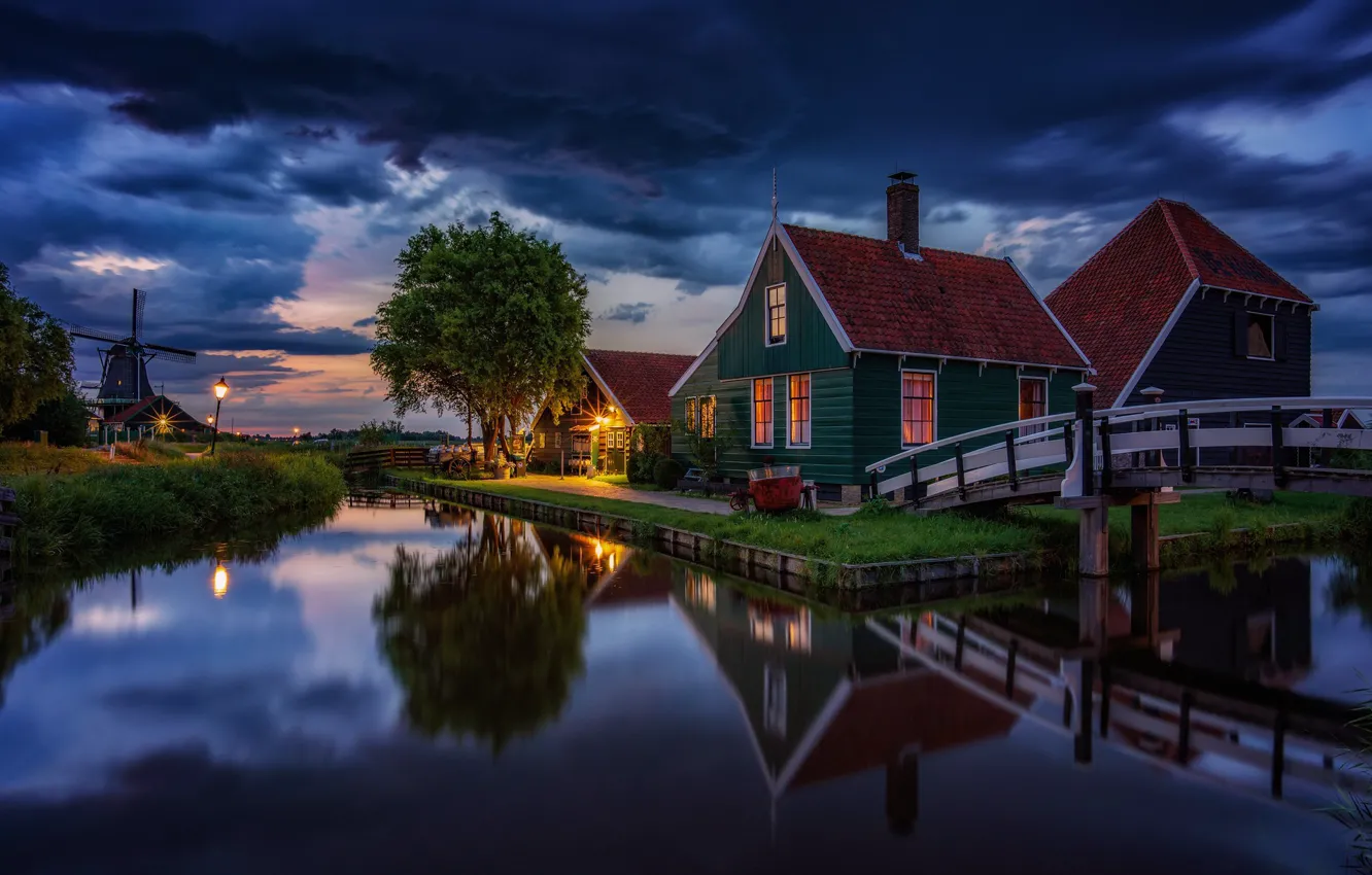 Photo wallpaper water, landscape, clouds, reflection, village, home, the evening, lighting