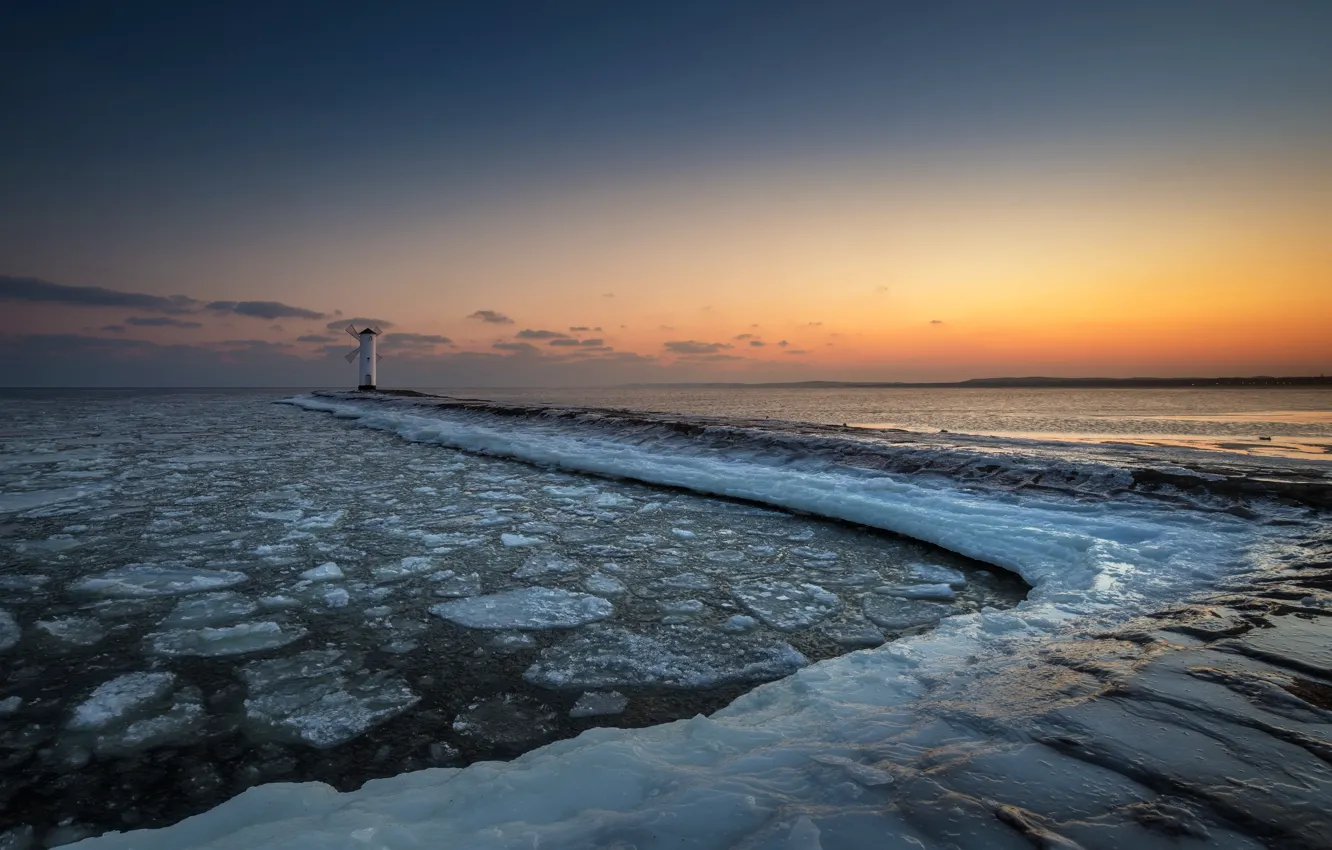 Photo wallpaper ice, sea, sunset, shore, lighthouse