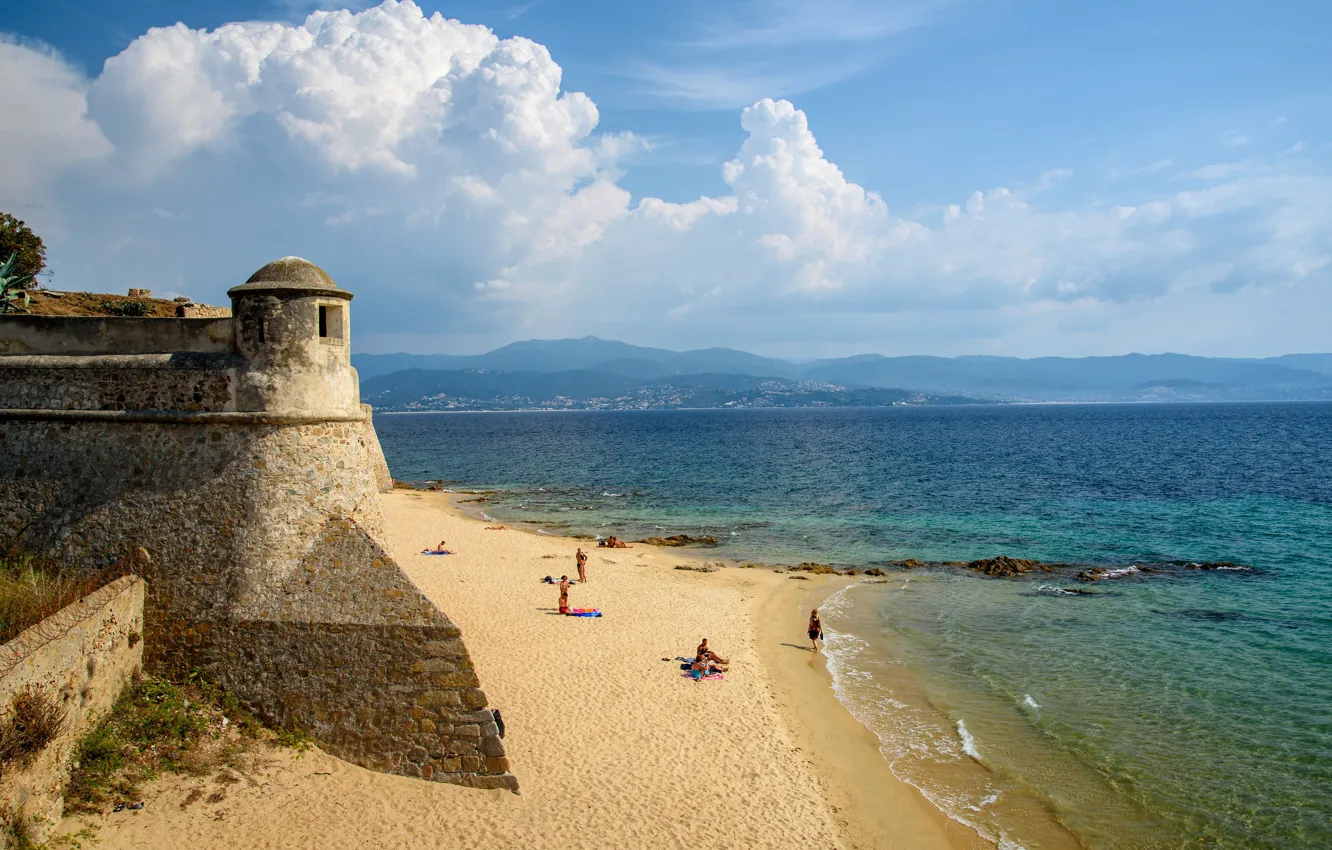Photo wallpaper sea, beach, France, the citadel, Corsica, turret, Ajaccio