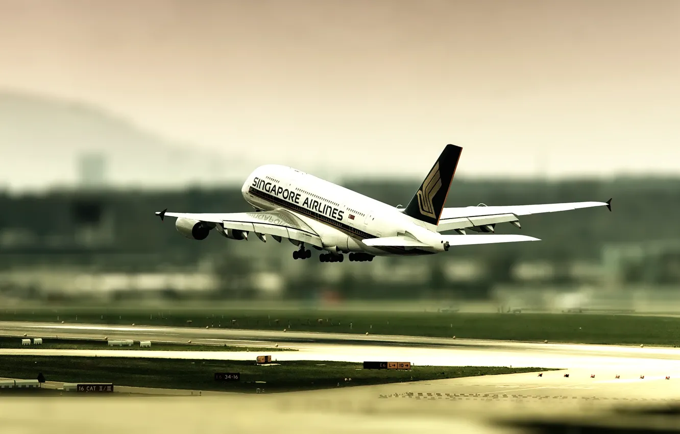 Photo wallpaper the rise, tilt shift, Zurich airport, Airbus 380