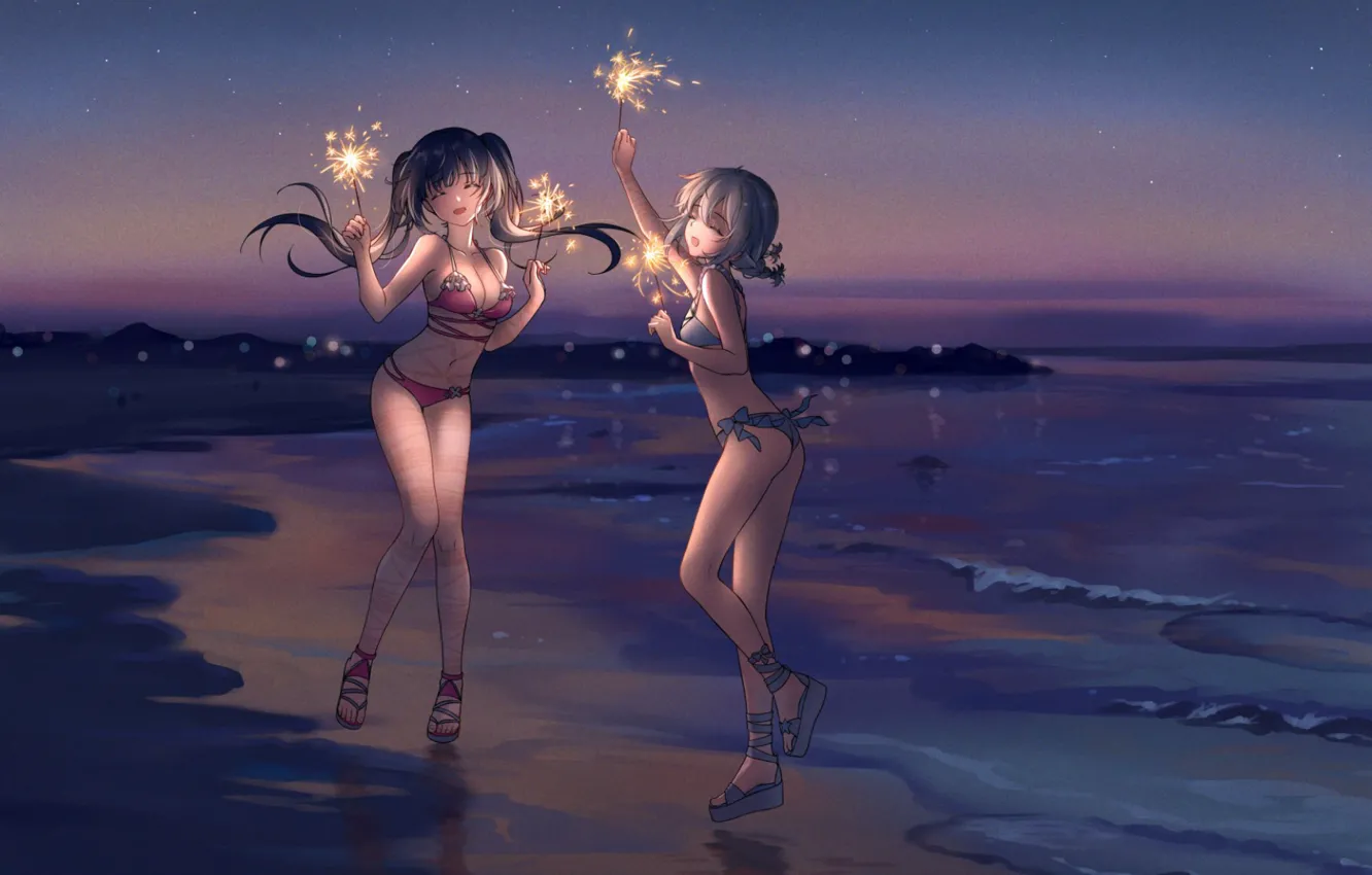 Photo wallpaper sea, girls, shore, dance, anime, Sparkler
