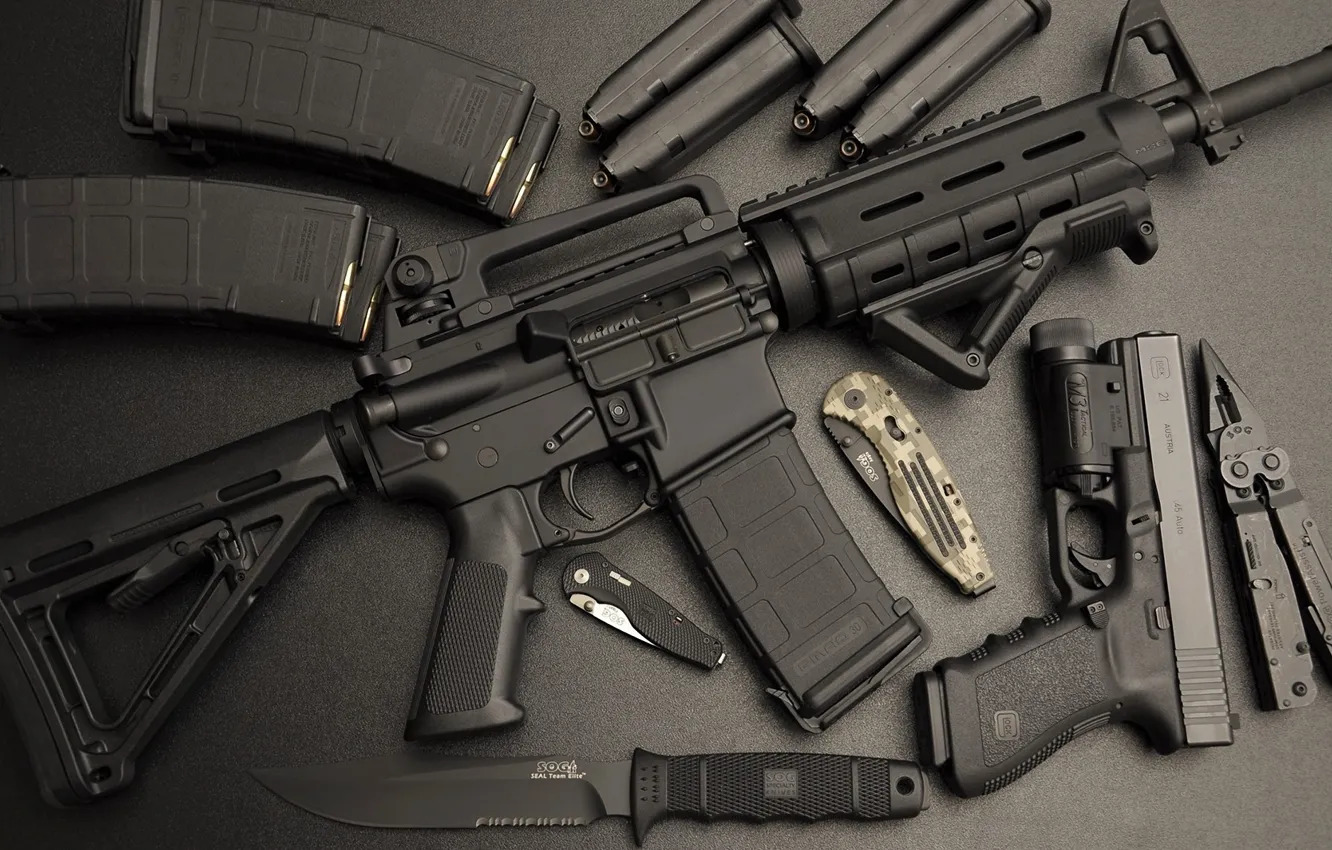 Photo wallpaper gun, knife, machine, assault rifle, Ar-15