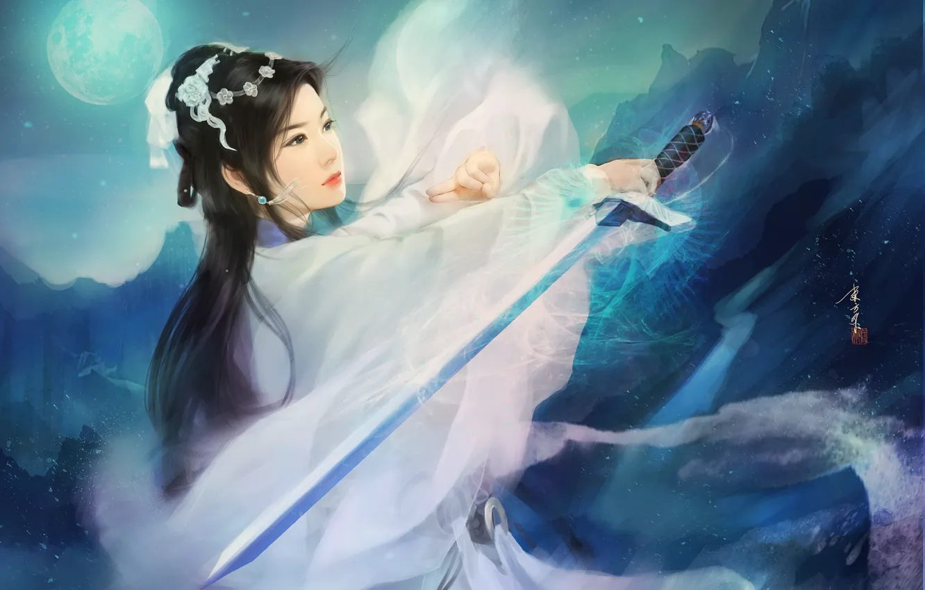 Photo wallpaper girl, mountains, night, the moon, sword, art, kimono, Asian