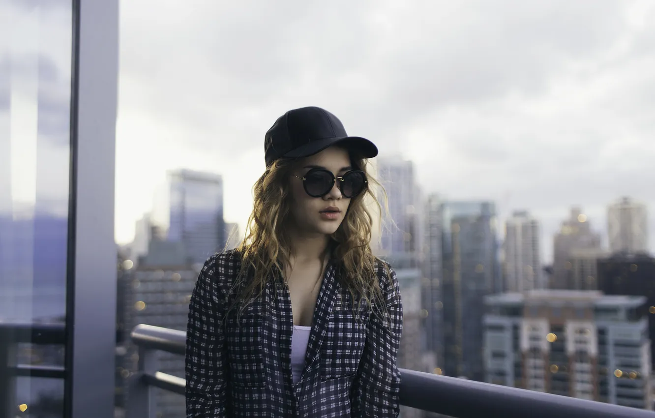 Photo wallpaper girl, glasses, cap, baseball cap