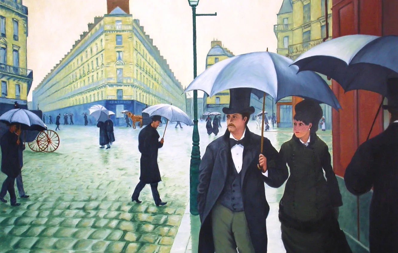 Photo wallpaper street, people, home, picture, umbrella, the urban landscape, Gustave Caillebotte, Paris street Rainy Day
