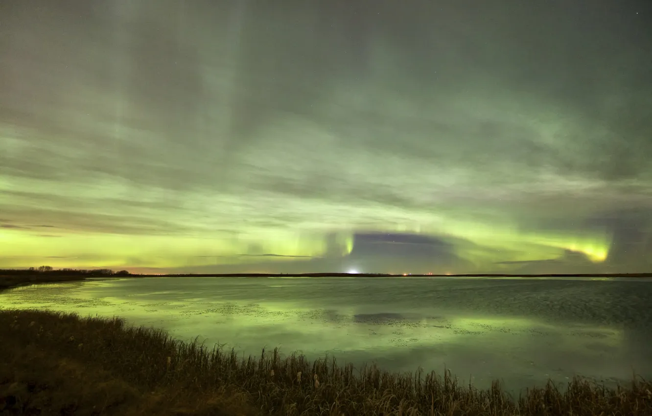 Photo wallpaper the sky, landscape, reflection, shore, Northern lights