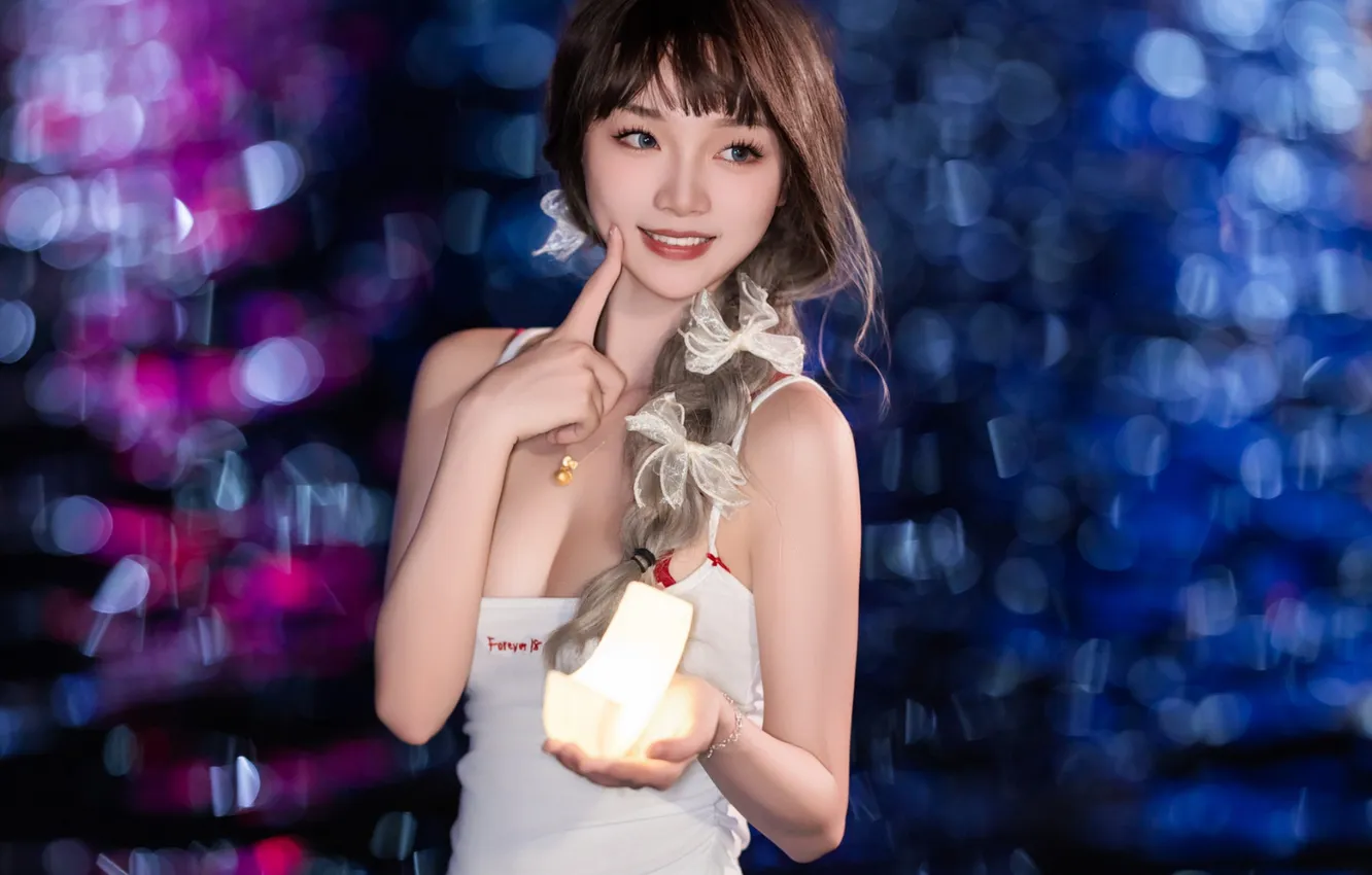 Photo wallpaper light, river, woman, smile, water, night, beautiful, model