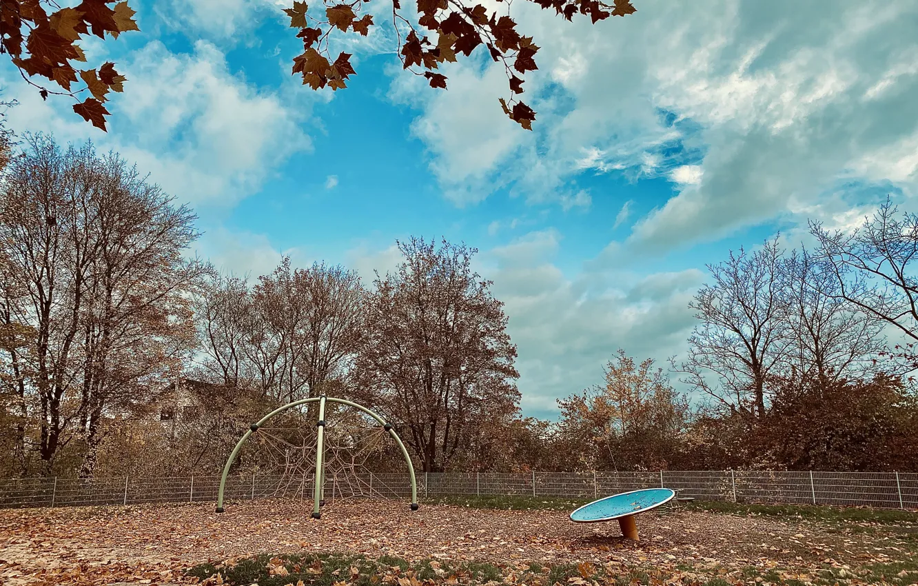 Photo wallpaper house, sky, trees, clouds, leaves, playground, fall, Photography By Tom