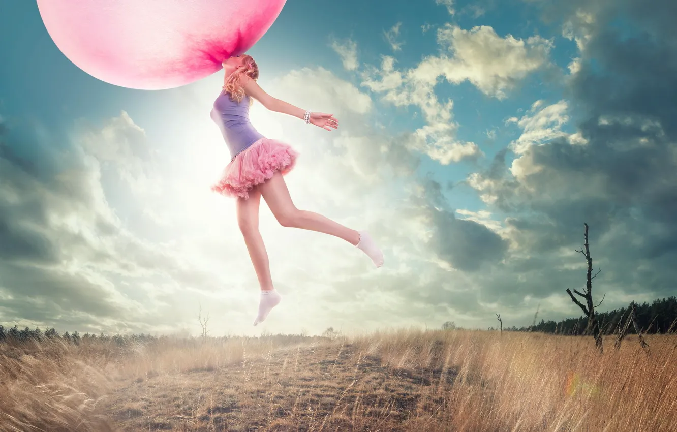 Photo wallpaper girl, ball, flight, bubble, chewing gum